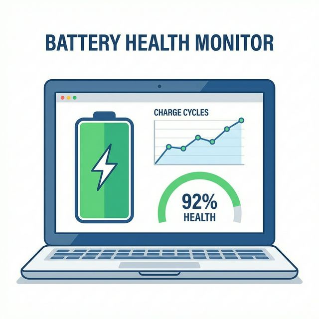 Laptop battery health monitoring dashboard showing charge cycles and health percentage