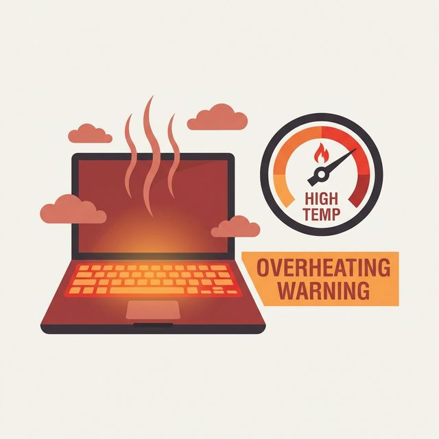 Illustration of laptop overheating with temperature warning gauge