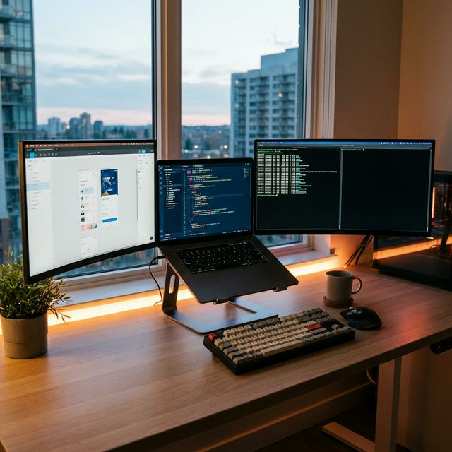 Developer workspace comparing macOS and Windows development environments