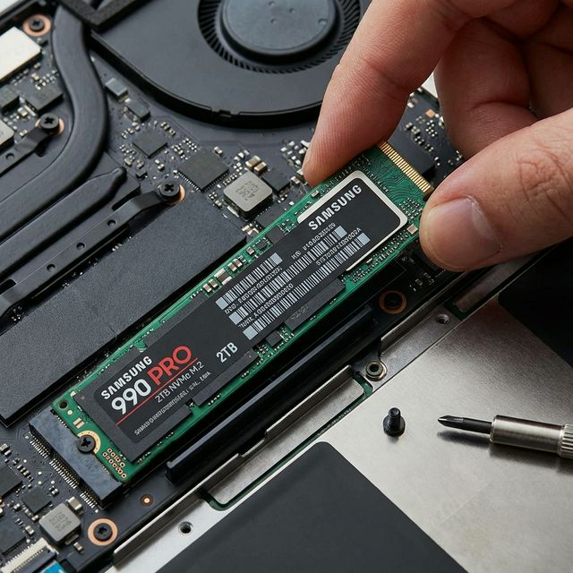 NVMe M.2 SSD being installed into laptop internal slot