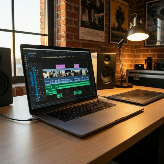 Laptop displaying video editing timeline in a creative studio